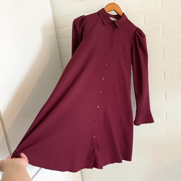 ASOS Mini Shirt Dress Button down Long Tulip sleeve Princess shoulder Burgundy 4 - Picture 4 of 14
